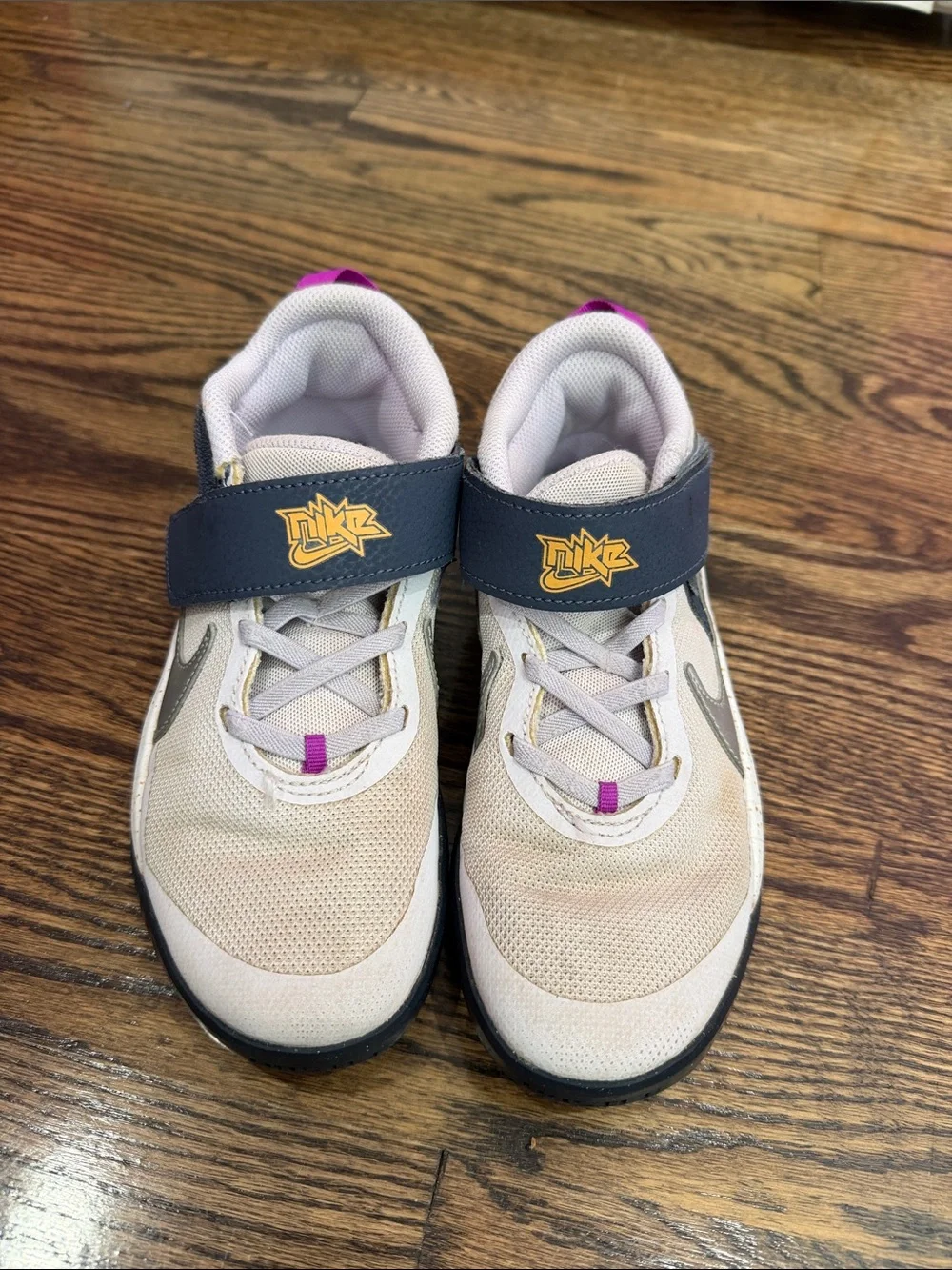 Nike Kids Light Pink and Navy Velcro Sneakers with Silver Swoosh